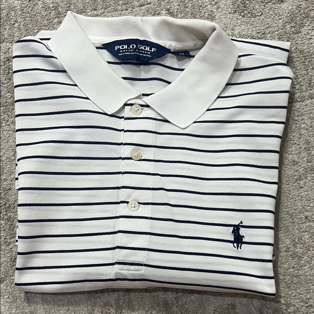 Polo Golf White & Navy Striped Polo Shirt with Champions Golf Club logo